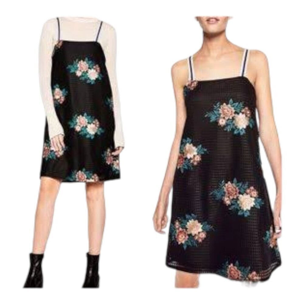 Zara Trf embroidered black mesh dress with stripe strap, size S